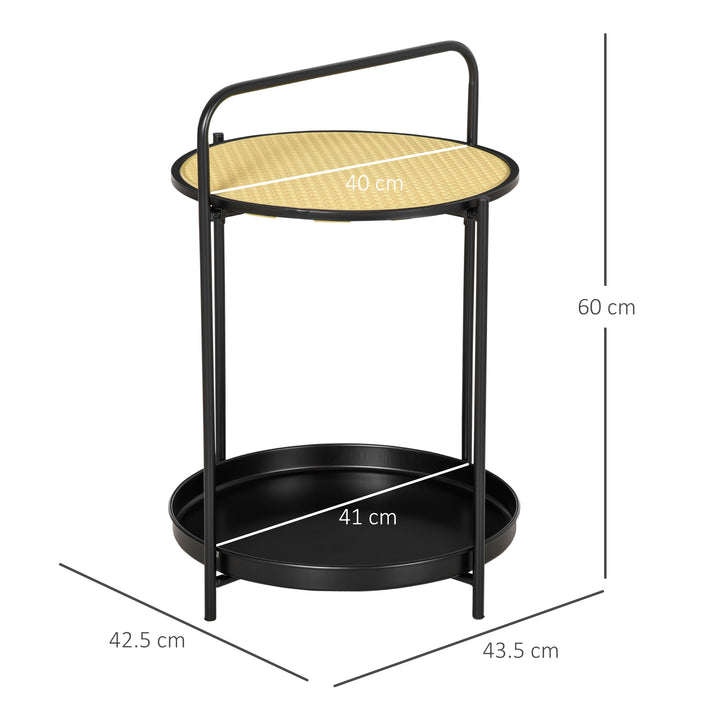 Round Side Table with Detachable Tray and Plastic Rattan Shelf, End Table with Steel Frame, Black