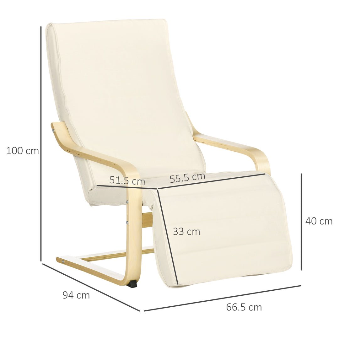 Wooden Lounging Chair Deck Relaxing Recliner Lounge Seat with Adjustable Footrest & Removable Cushion, Cream White