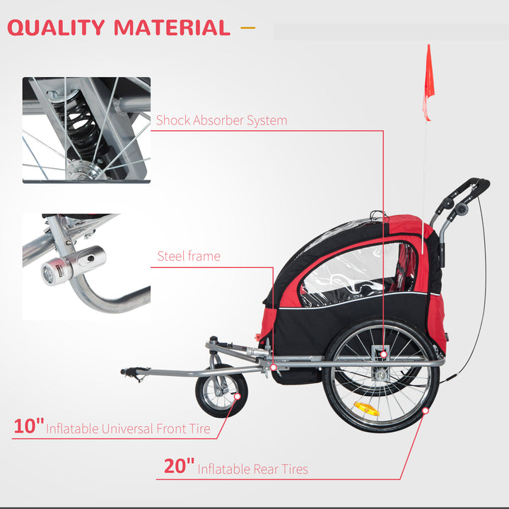 Bike Trailer 2-Seater for Bicycle Baby Child Carrier in Steel Frame (Black and Red)