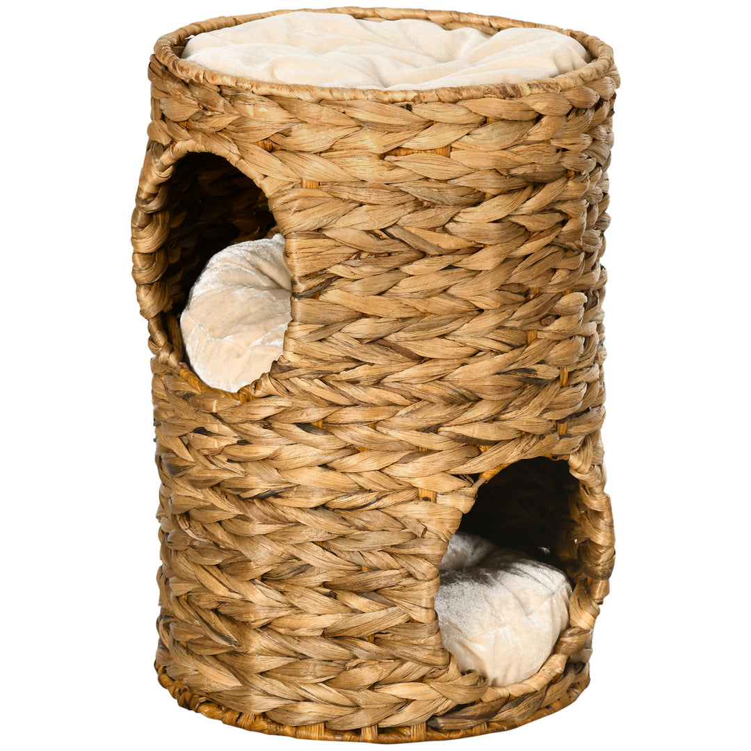 47cm Cat Barrel Tree for Indoor Cats with 2 Cat Houses, Kitten Tower with Cushion - Light Brown