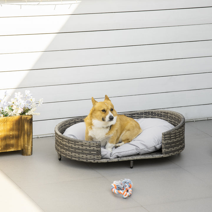Elevated Wicker Dog Sofa, Rattan Cat Bed Hand Woven with Soft Cushion, Washable Cover, for Medium Dog, 96 x 65 x 29 cm, Grey