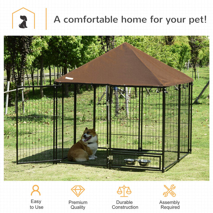 PawHut Outdoor Dog House Kennel with Water-resistant Roof Lockable Mesh Metal Cage Steel Fence, 141 x 141 x 121 cm