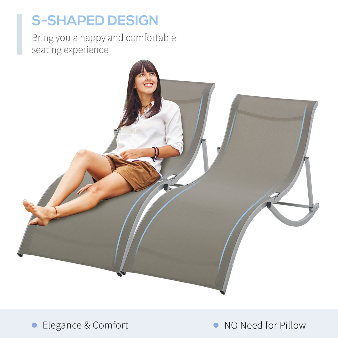 Outsunny Set of 2 S-shaped Foldable Lounge Chair Sun Lounger Reclining Outdoor Chair for Patio Beach Garden Light Grey