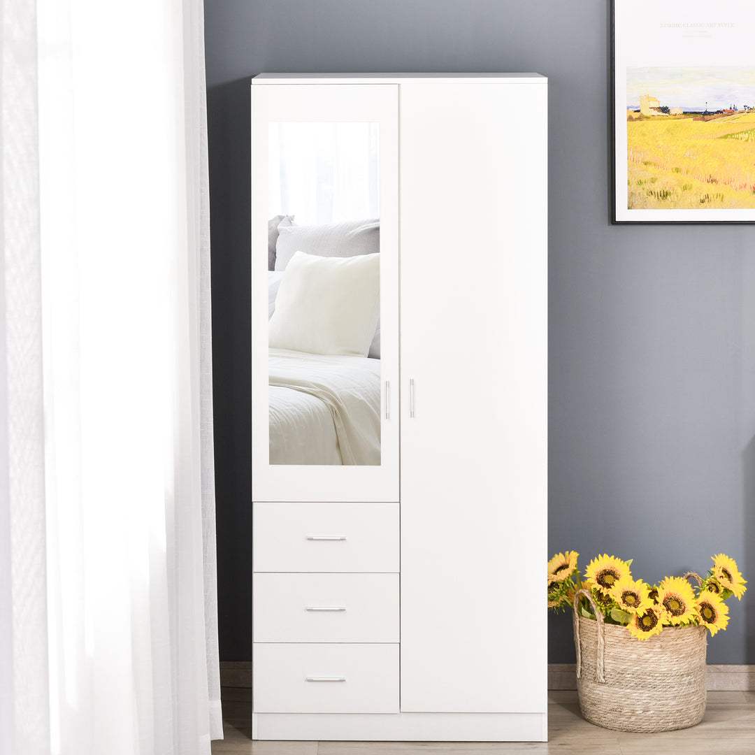 Modern Mirror Wardrobe 2 Door Storage Cupboards Home Storage Organisation Furniture with Adjustable Shelf, 3 Drawers, 80W x 50D x 180Hcm-Whit