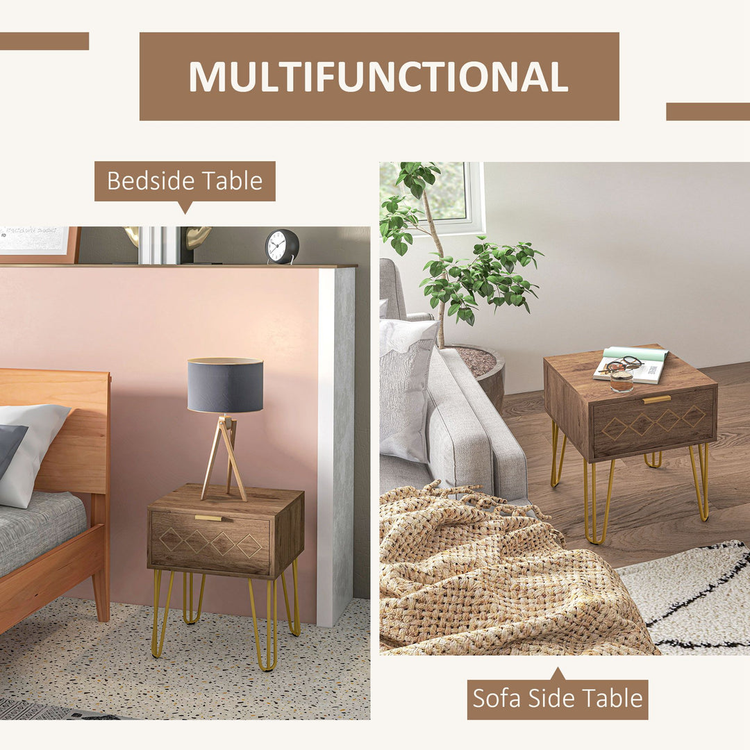 Bedside Table with Drawer, Wooden Nightstand, Modern Sofa Side Table with Gold Tone Metal Legs for Living Room, Bedroom