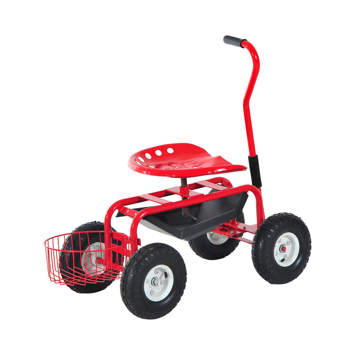 Outsunny Adjustable Rolling Garden Cart Outdoor Garden Planting Station Trolley Swivel Gardener Work Seat Heavy Duty w/ Tool Tray &amp; Basket Red 150kg