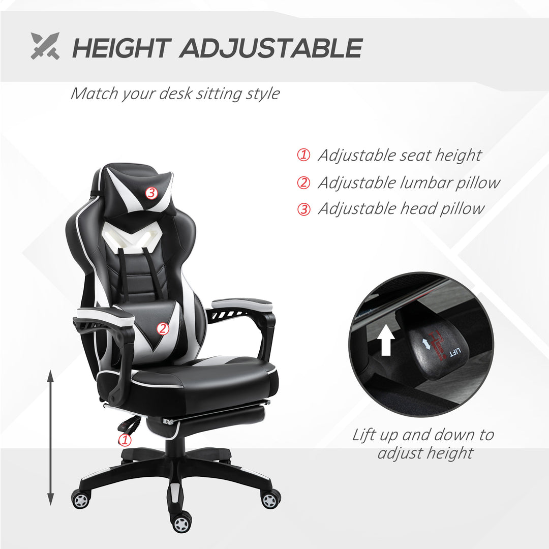 Vinsetto Ergonomic Racing Gaming Chair Office Desk Chair Adjustable Height Recliner with Wheels, Headrest, Lumbar Support, Retractable Footrest White