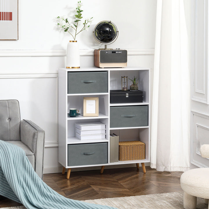 Freestanding 7 Cube Storage Cabinet, Shelving Unit with 3 Fabric Drawers, for Home Office, Living Room, Closet, Bedroom, White