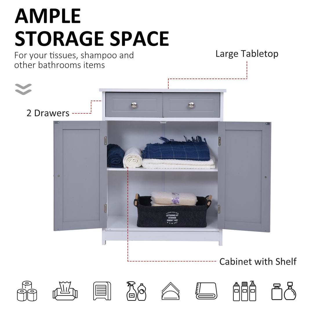 kleankin Bathroom Storage Cabinet Free-Standing Bathroom Cabinet Unit w/ 2 Drawers Cupboard Adjustable Shelf Metal Handles 75x60cm - Grey and White