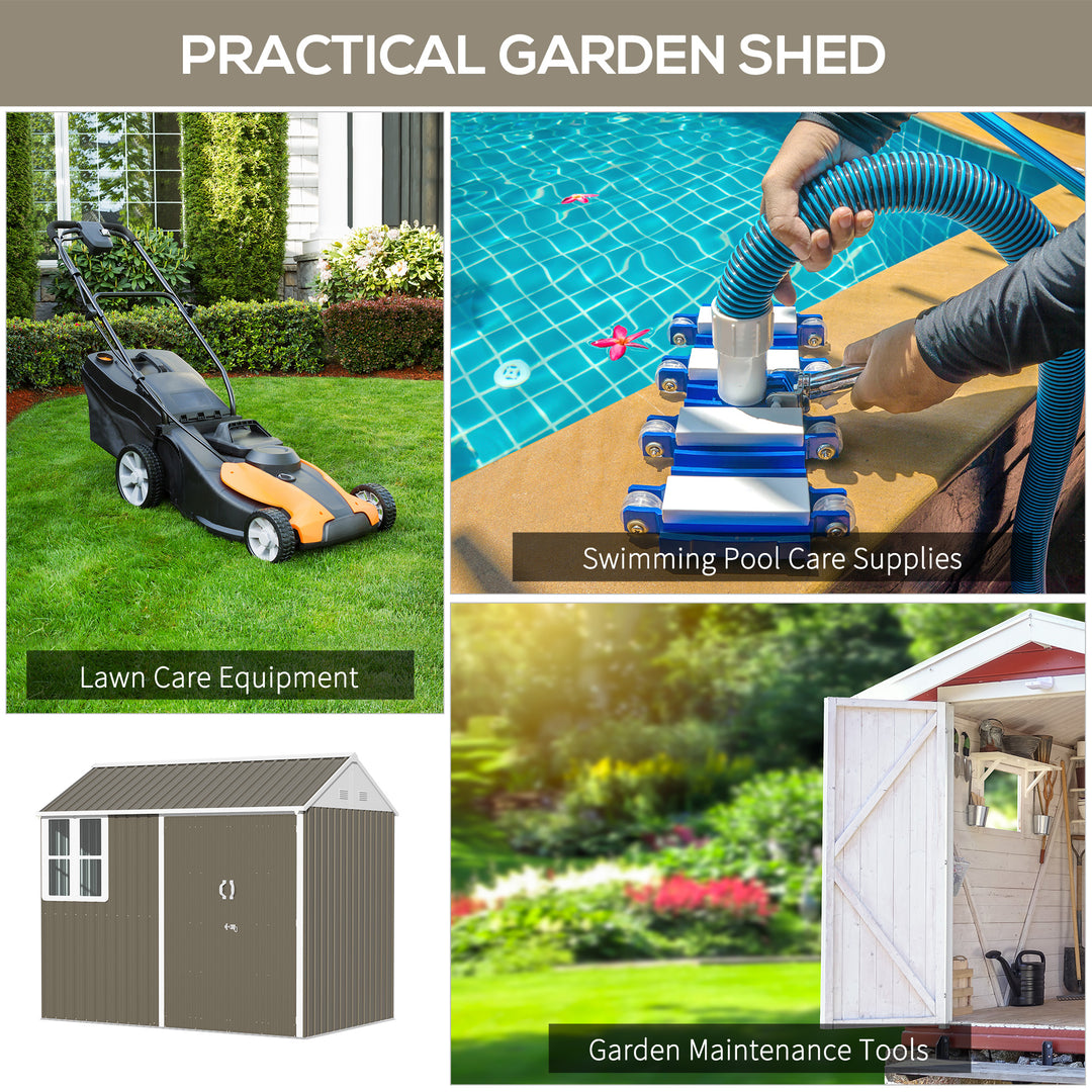 8 x 6 ft Metal Garden Storage Shed Patio Corrugated Roof Tool Storage Box w/ Double Door Window Sloped Roof, Grey