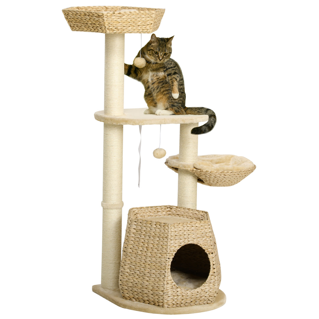 Cat Tree Tower for Indoor Cats, Climbing Activity Centre, Kitten Furniture with Cattail Fluff Bed House, Sisal Scratching Post, Hanging Ball, 50 x 50 x 119cm, Natural