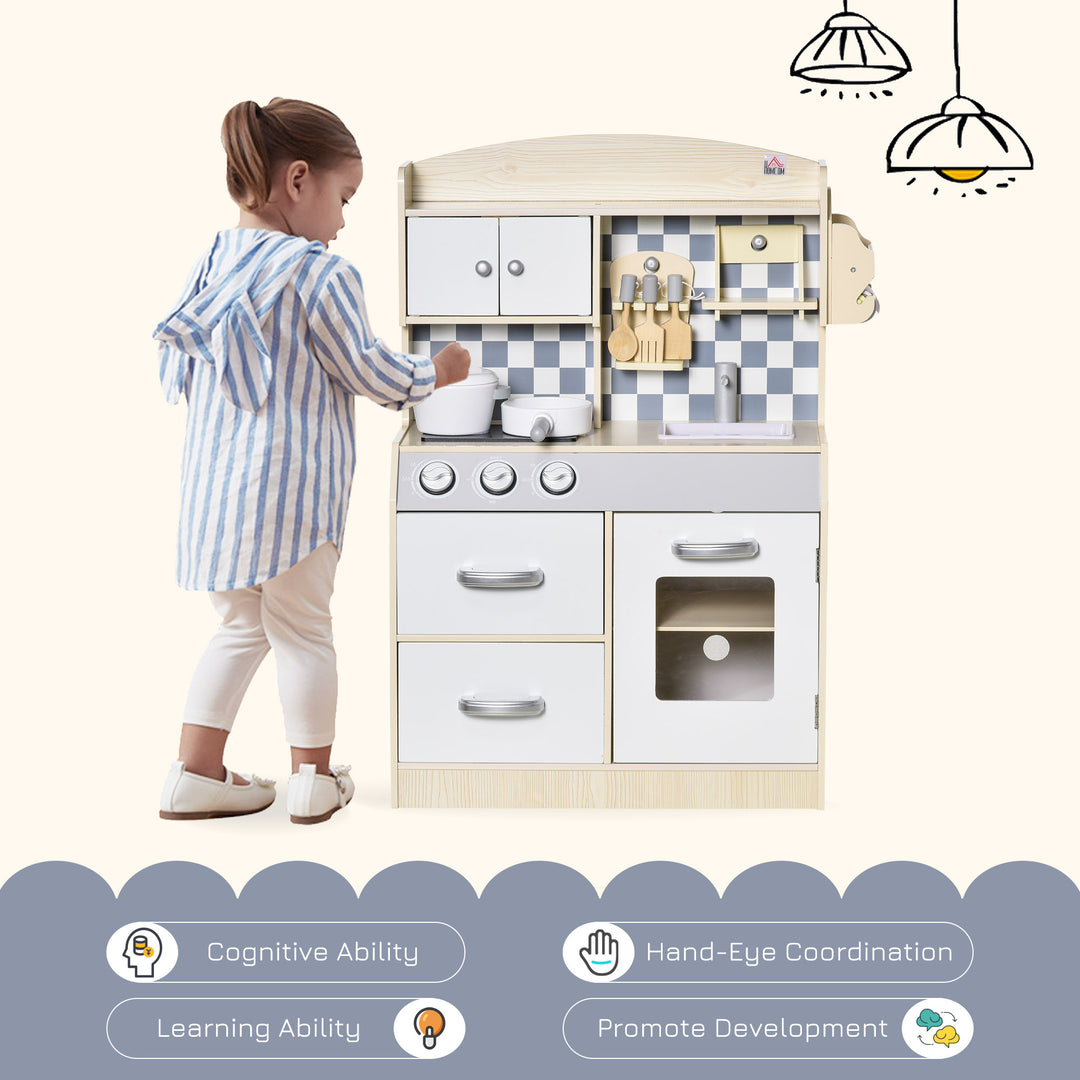HOMCOM Kids Kitchen Play Cooking Toy Set, Educational Pretend Role Playset Game Multiple Storage, with Sink, Cooking Bench, Pots, Nature Wood