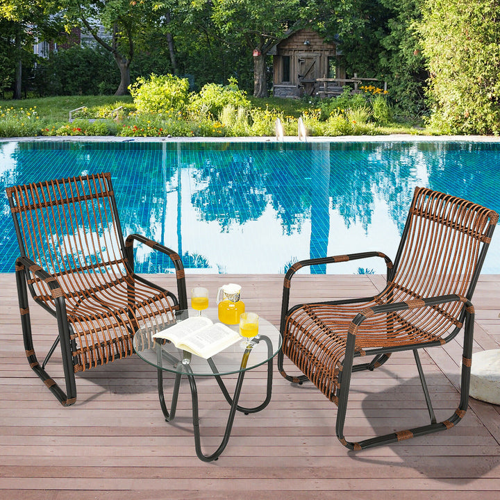 3 Piece Rattan Furniture Set with 2 Armchairs and Glass Coffee Table