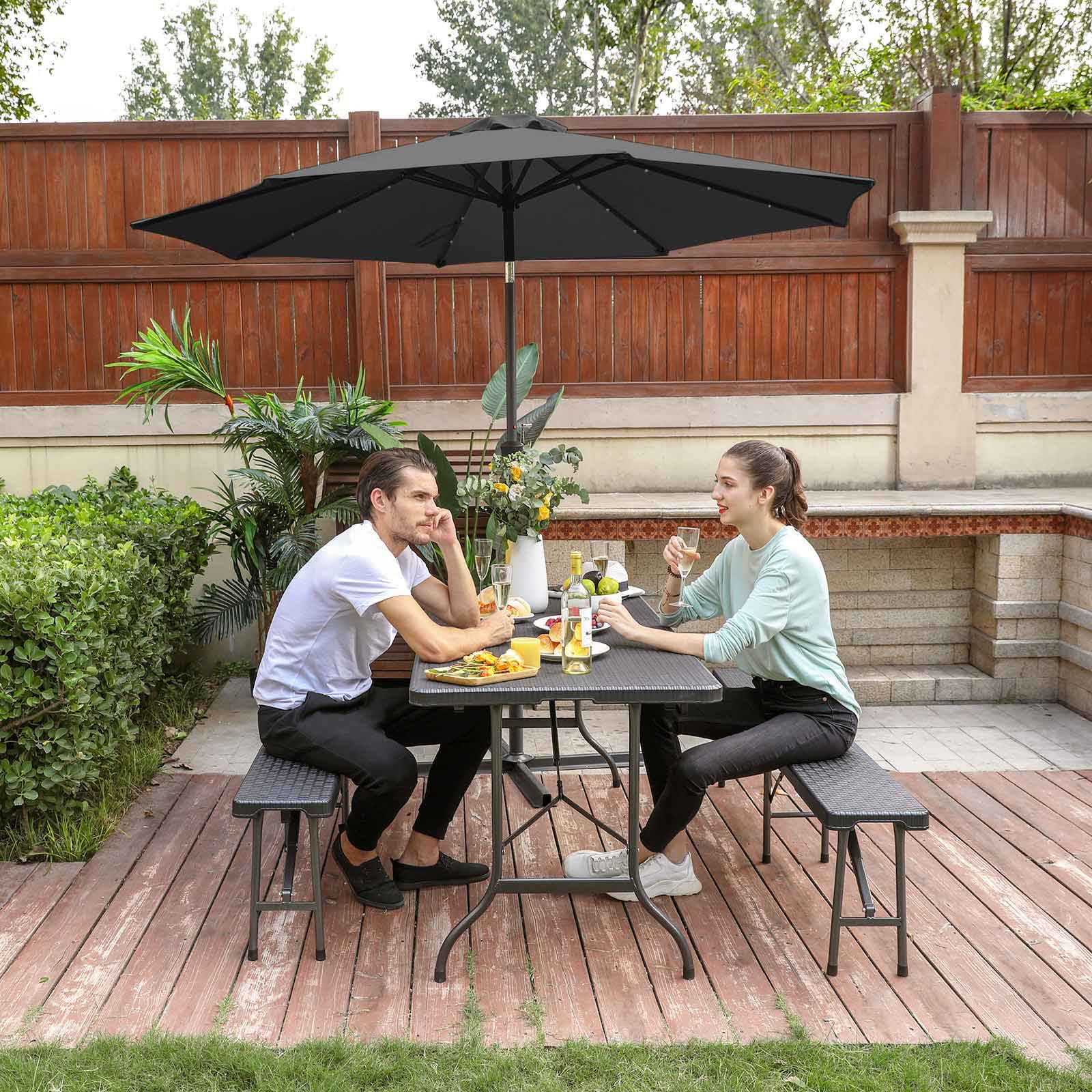 SONGMICS 3 m Garden Parasol Umbrella with Solar-Powered LED Lights