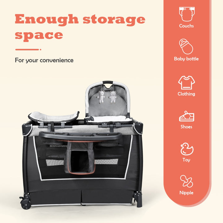 Travel Cot / Playpen with Removable Bassinet-Grey