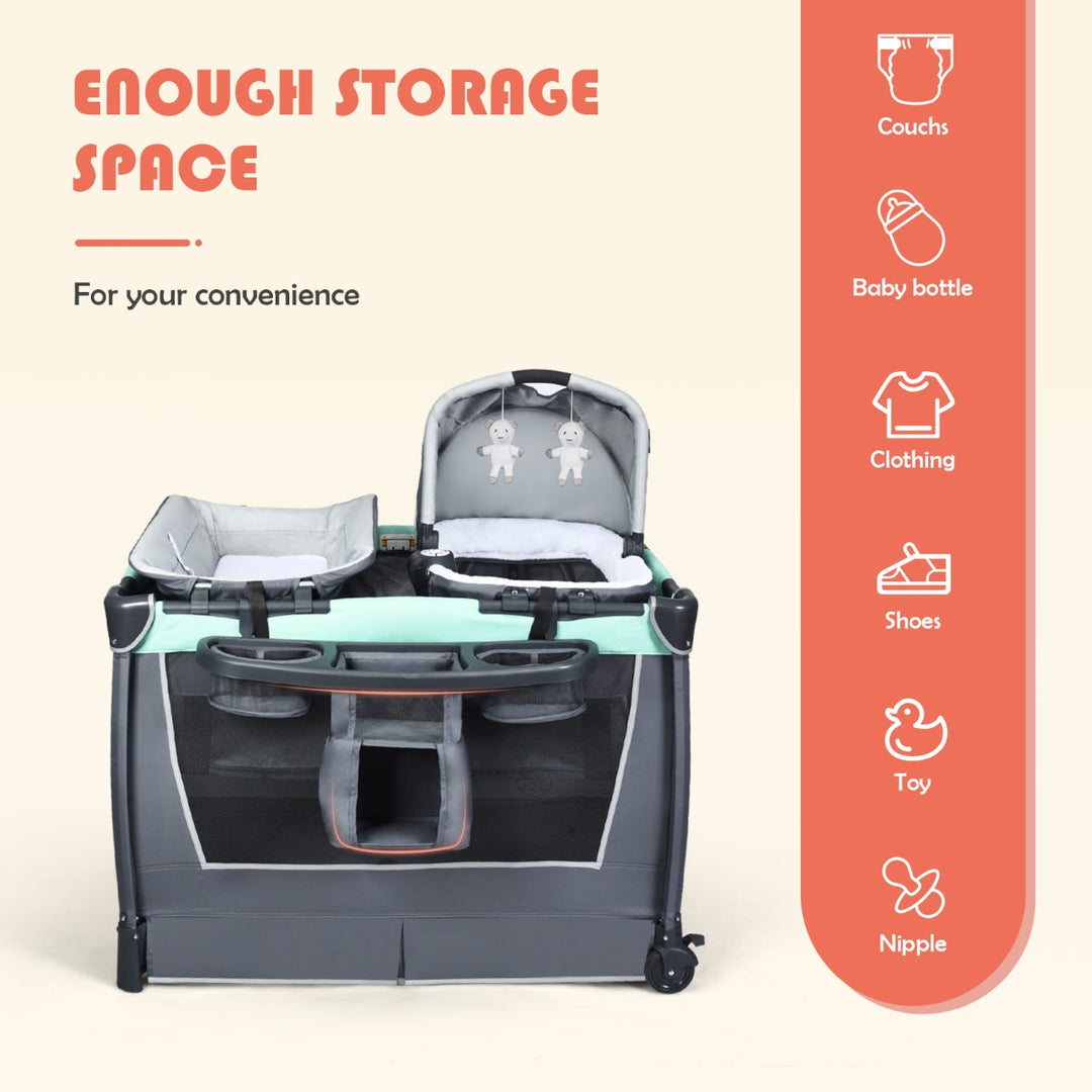 Travel Cot / Playpen with Removable Bassinet-Green