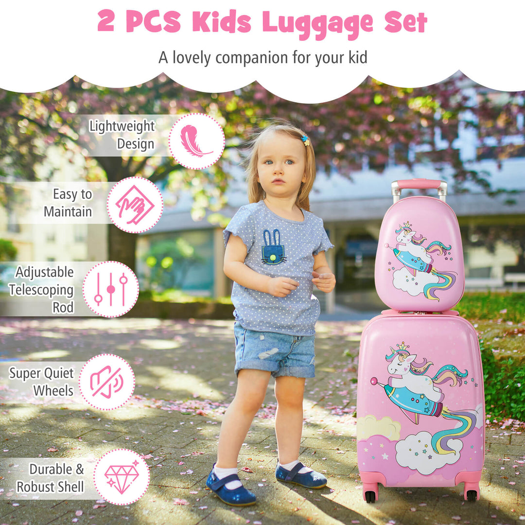 2 Pieces Kids Luggage Set with Spinner Wheels and Unicorn Graphic