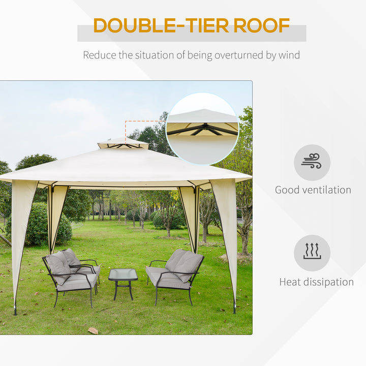 Outsunny 3.5x3.5m Side-Less Outdoor Canopy Tent Gazebo w/ 2-Tier Roof Steel Frame Garden Party Gathering Shelter Beige