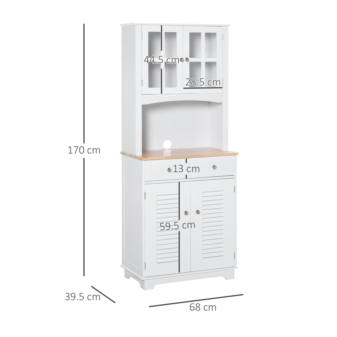 Modern Kitchen Cupboard, Louvered Kitchen Storage Cabinet with Framed Glass Doors and 2 Drawers, White