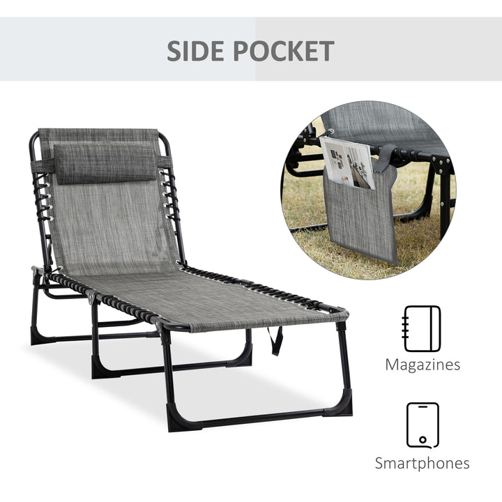 Outsunny Portable Sun Lounger, Folding Camping Bed Cot, Reclining Lounge Chair 5-position Adjustable Backrest with Pillow, Mixed Grey