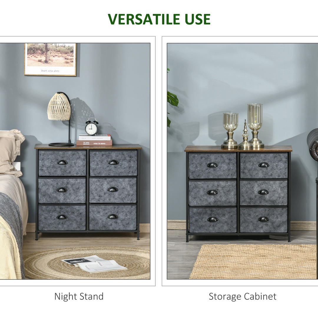 HOMCOM Chest of Drawer Fabric Dresser Storage Cabinet for Bedroom Night Stand with 6 Drawers Steel Frame Handles - Grey and Black