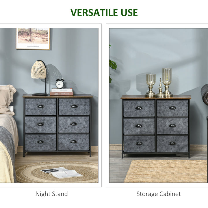 HOMCOM Chest of Drawer Fabric Dresser Storage Cabinet for Bedroom Night Stand with 6 Drawers Steel Frame Handles - Grey and Black