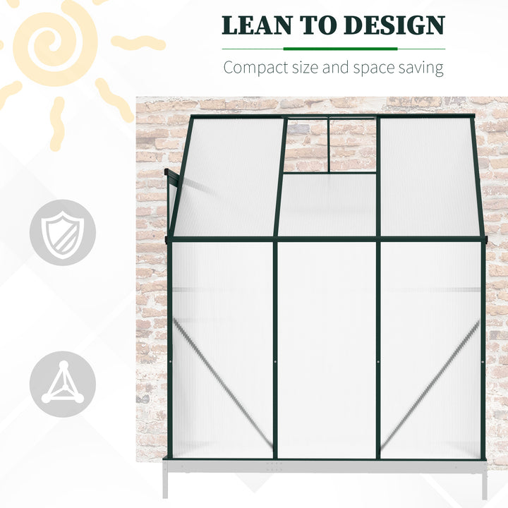 Outsunny Walk-In Lean to Greenhouse Garden Heavy Duty Aluminium Polycarbonate with Roof Vent for Plants Herbs Vegetables, Green, 192 x 127 x 220 cm