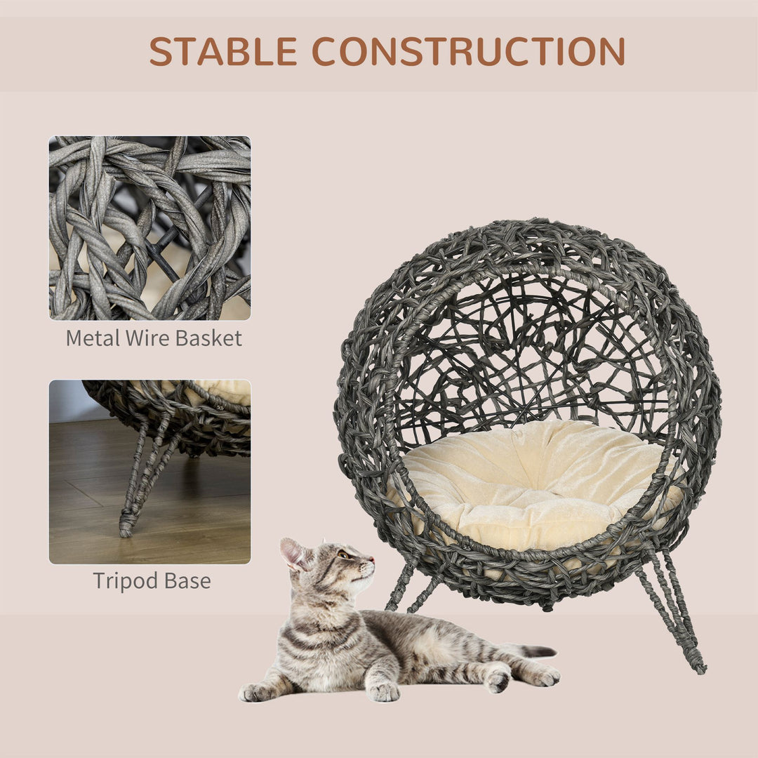 Woven Rattan Elevated Cat Bed House Kitten Pussy Basket Ball Shaped Pet Furniture w/ Removable Cushion Natural 52 x 52 x 58 cm, Silver Grey