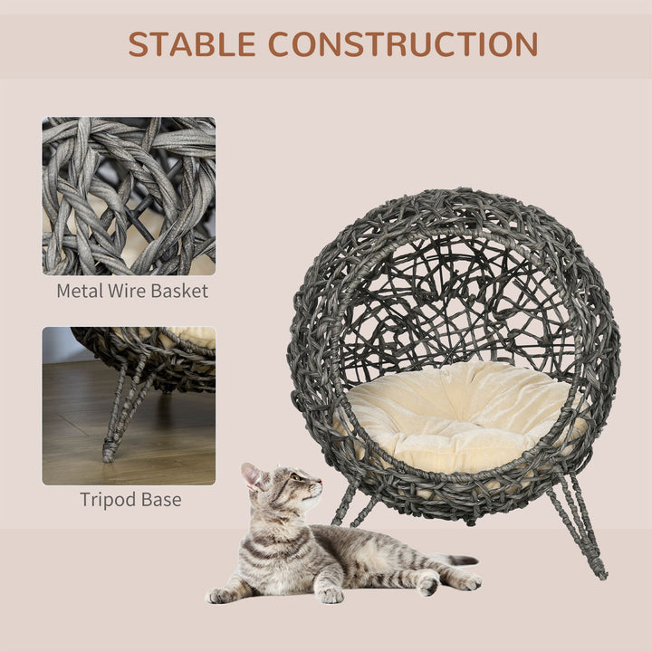 Woven Rattan Elevated Cat Bed House Kitten Pussy Basket Ball Shaped Pet Furniture w/ Removable Cushion Natural 52 x 52 x 58 cm, Silver Grey