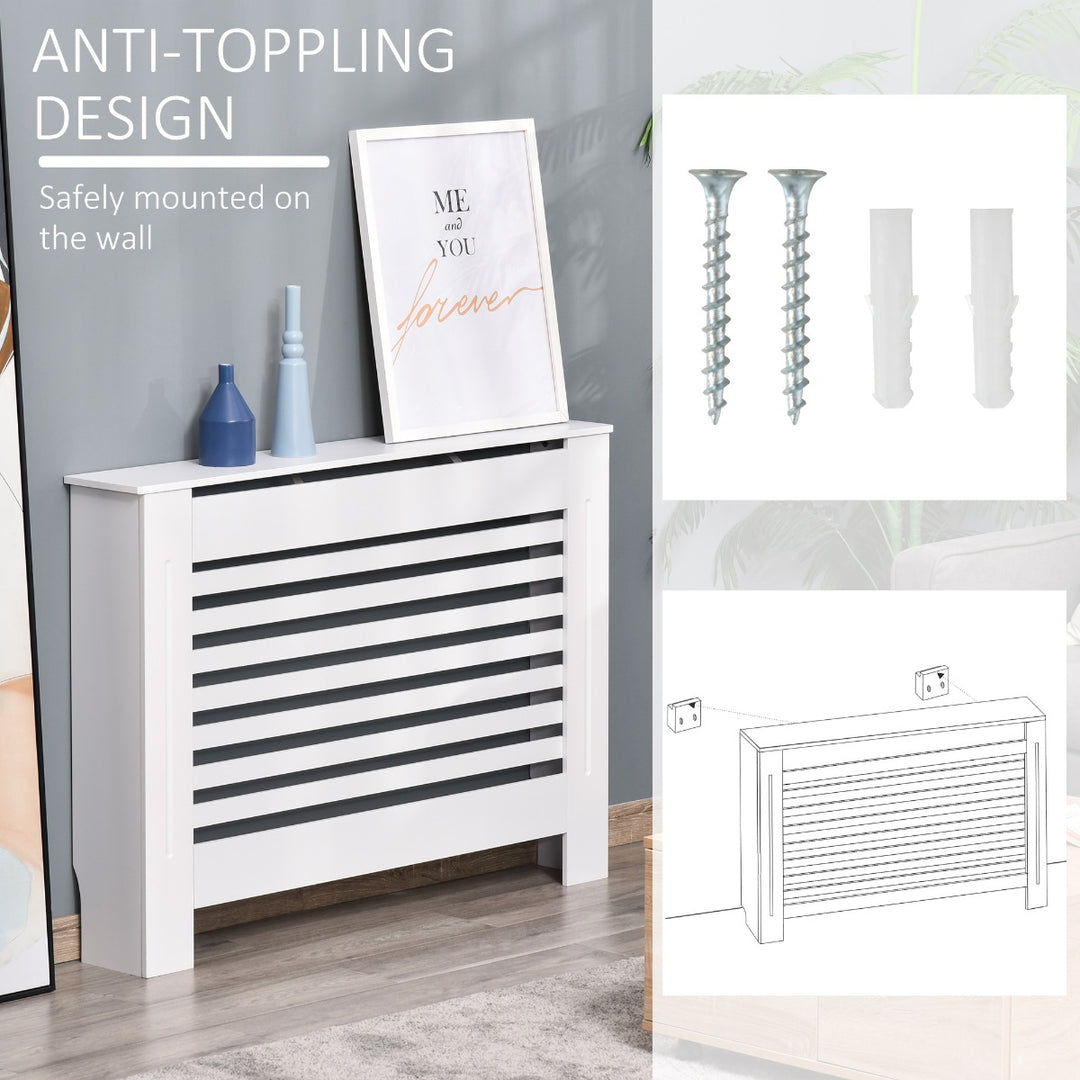 MDF Modern Radiator Cover Cabinet Top Shelving Home Office Slatted Design White 112L x 19W x 81H cm