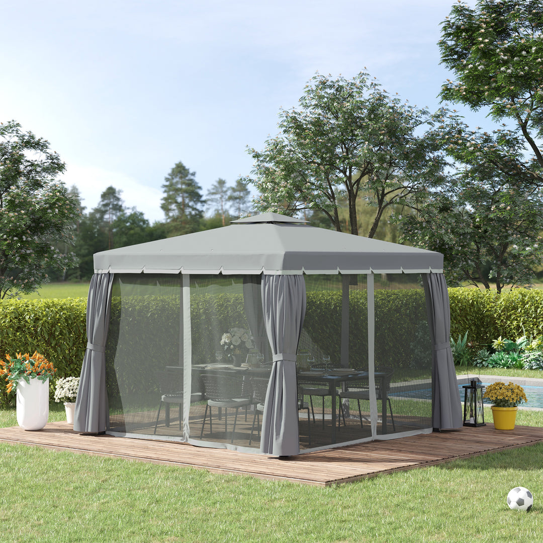 3 x 3(m) Patio Gazebo Canopy Garden Pavilion Tent Shelter Marquee with 2 Tier Water Repellent Roof, Mosquito Netting and Curtains, Dark Grey