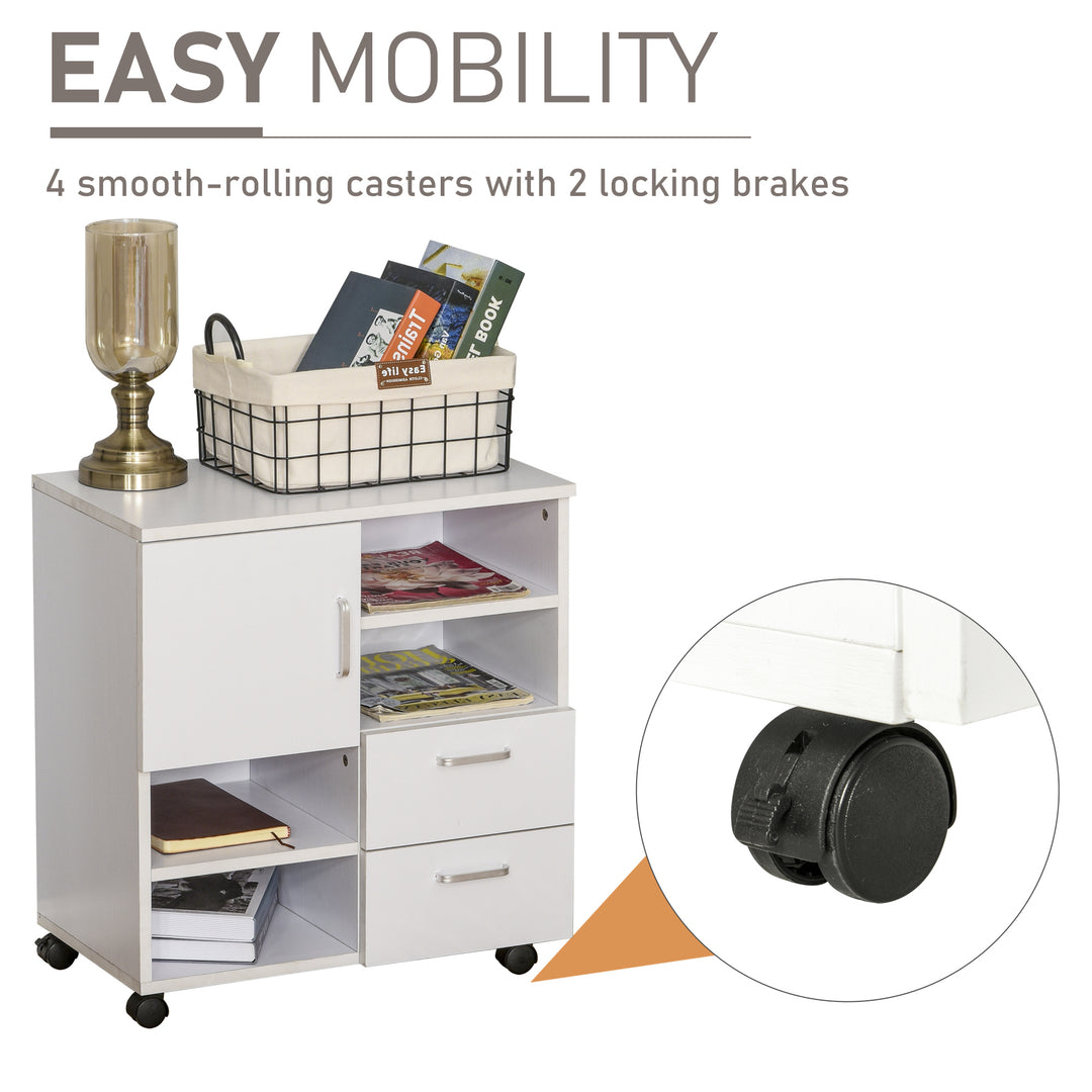 Mobile Storage Cabinet Sideboard Storage Trolley with Drawers 4 Shelves Lockable Wheels White