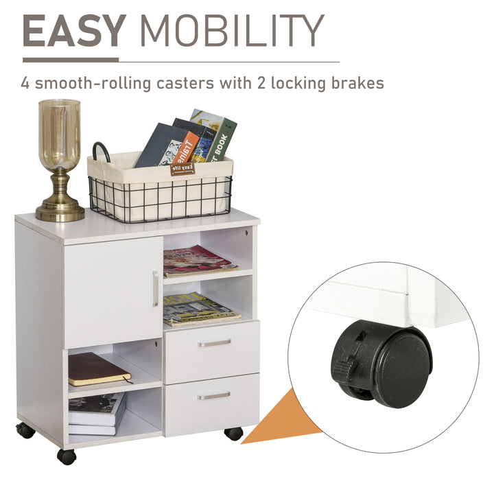 Mobile Storage Cabinet Sideboard Storage Trolley with Drawers 4 Shelves Lockable Wheels White