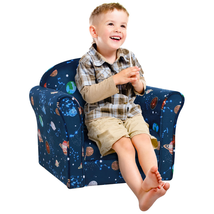Kids Planet-Themed Armchair, with Non-Slip Feet, Wooden Frame - Blue