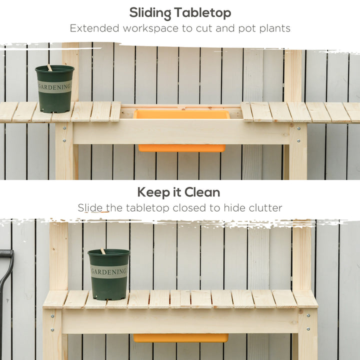 Outsunny Garden Potting Bench w/ Sliding Tabletop, Wooden Workstation w/ Dry Sink, Outdoor Workbench Potting Table w/ Storage Shelf & Hooks, Natural