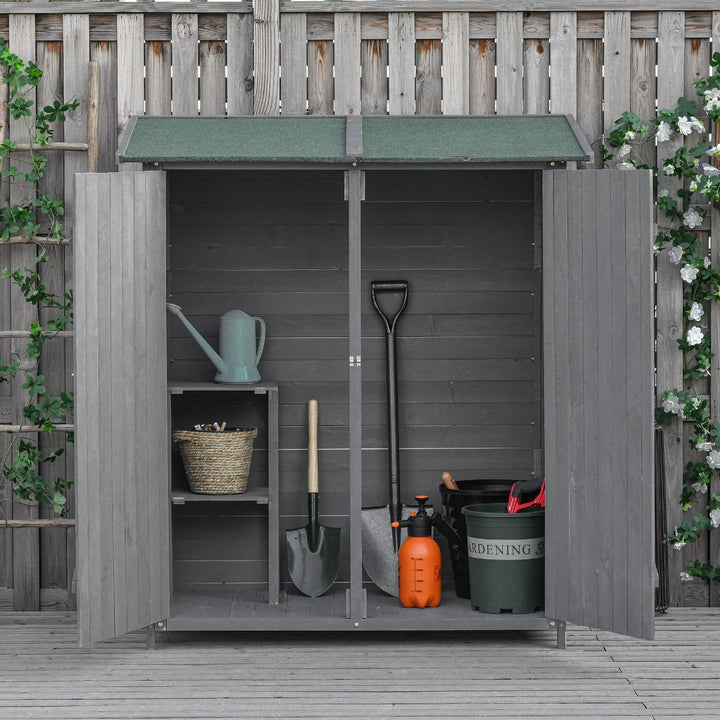 Outsunny Wooden Garden Storage Shed Lockable Tool Cabinet Organizer w/ Storage Table, Double Door, 139 x 75 x 160 cm, Grey