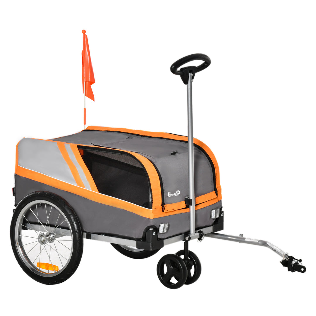 Dog Bike Trailer Two-In-One Trolley Stroller Cart Bicycle Carrier for Cat Puppy Travel w/ Reflectors Red Flag - Orange