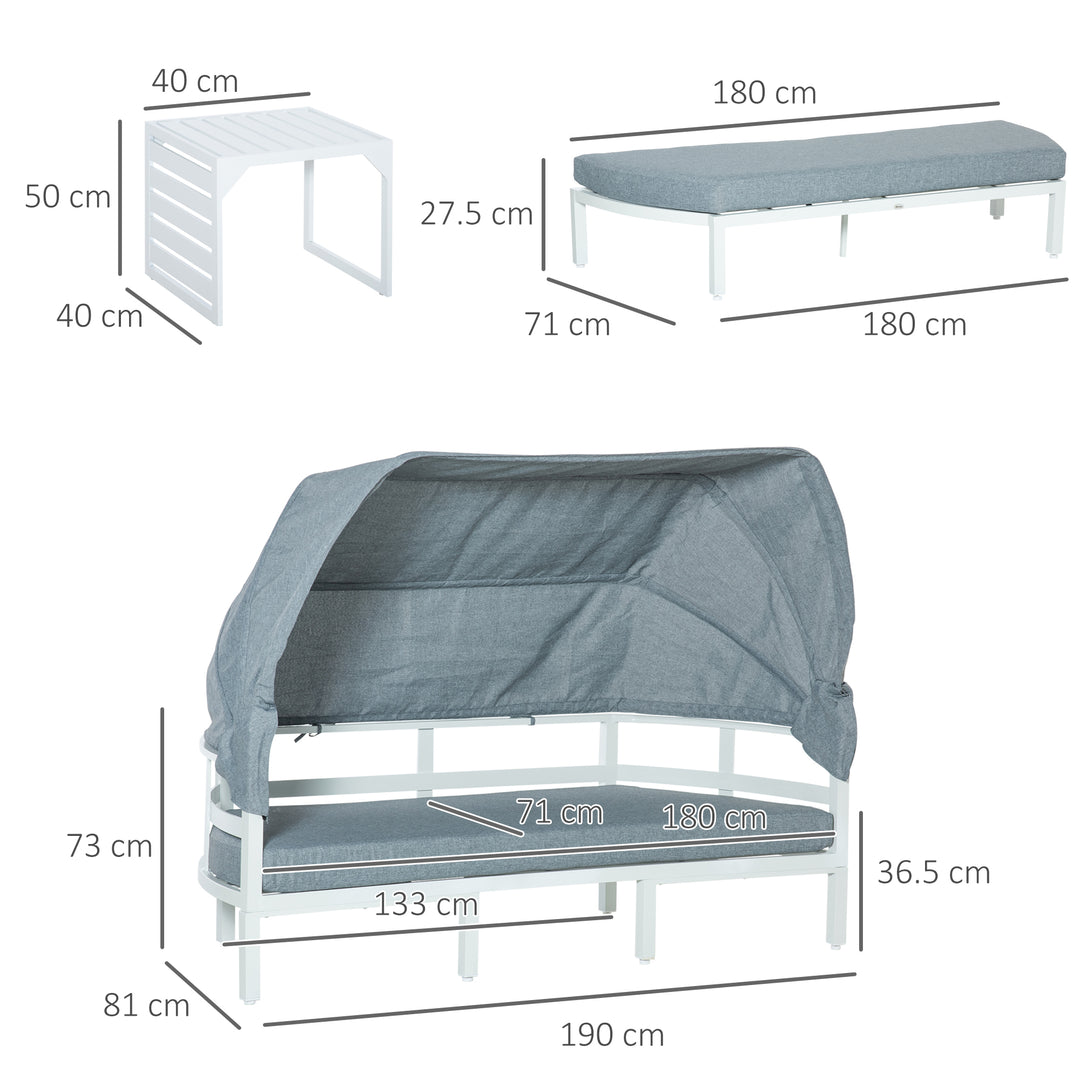 4 Pieces Outdoor Garden Sofa Set, Aluminum Patio Lounge Bed Furniture Set, with Canopy, Padded Cushions &amp; Side Tables, White