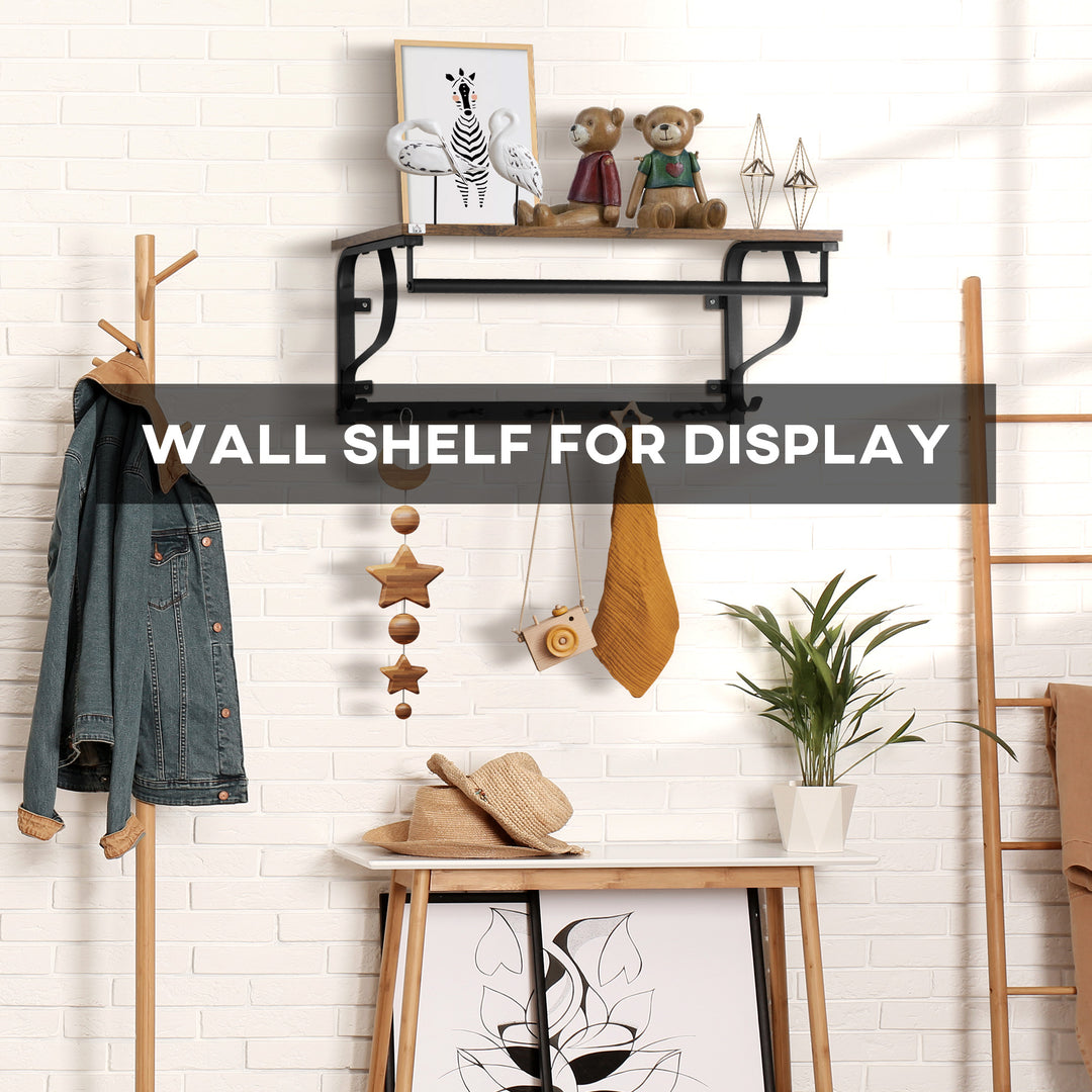 Floating Shelf with Hooks and Hanging Rod, Wall Mounted Shelf - Brown