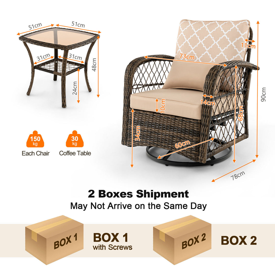 3-Piece Patio Wicker Swivel Rocker Set with Tempered Glass Coffee Table-Beige