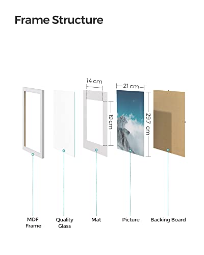 SONGMICS Picture Frame, Photo Frame, for 21 x 29,7 cm Pictures without Mat, 15,2 x 20,3 cm Photos with Mat, MDF, Glass Front, White RPF011W01