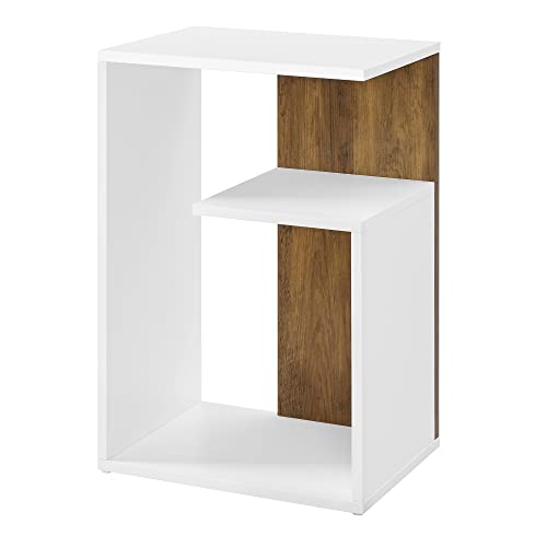 Side Table, Open Storage, Modern-  Rustic Walnut and White