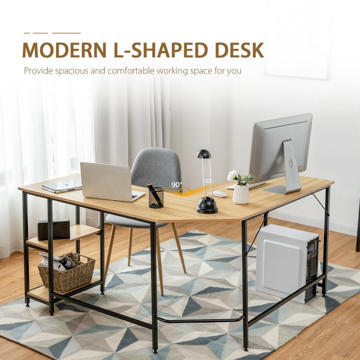 L-Shaped Corner Computer Desk with 2-Tier Storage Shelf-Natural