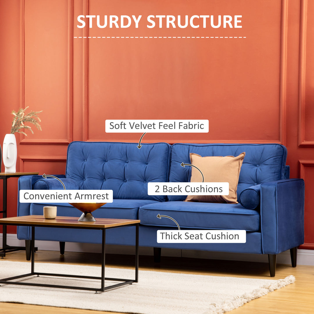 Mid-Century 3-Seater Sofa, 204 cm Sofa Couch with Button-Tufted Back Cushion, Velvet Feel Fabric Upholstery for Living Room, Bedroom Blue