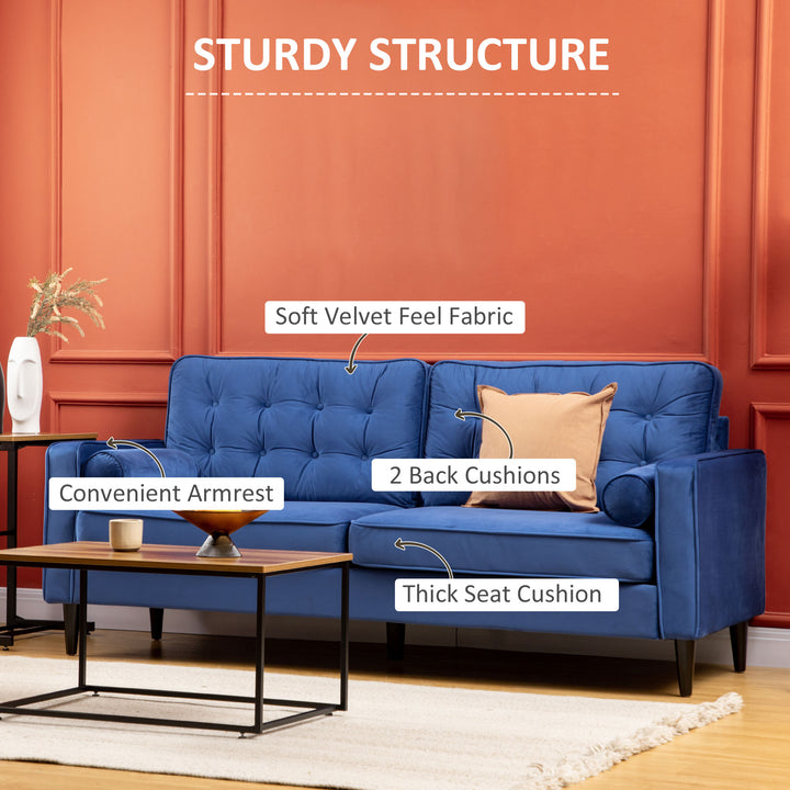 Mid-Century 3-Seater Sofa, 204 cm Sofa Couch with Button-Tufted Back Cushion, Velvet Feel Fabric Upholstery for Living Room, Bedroom Blue