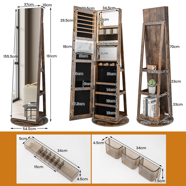 360-Degree Mirrored Jewelry Armoire with 3-Color Auto-on LED Lights-Rustic Brown