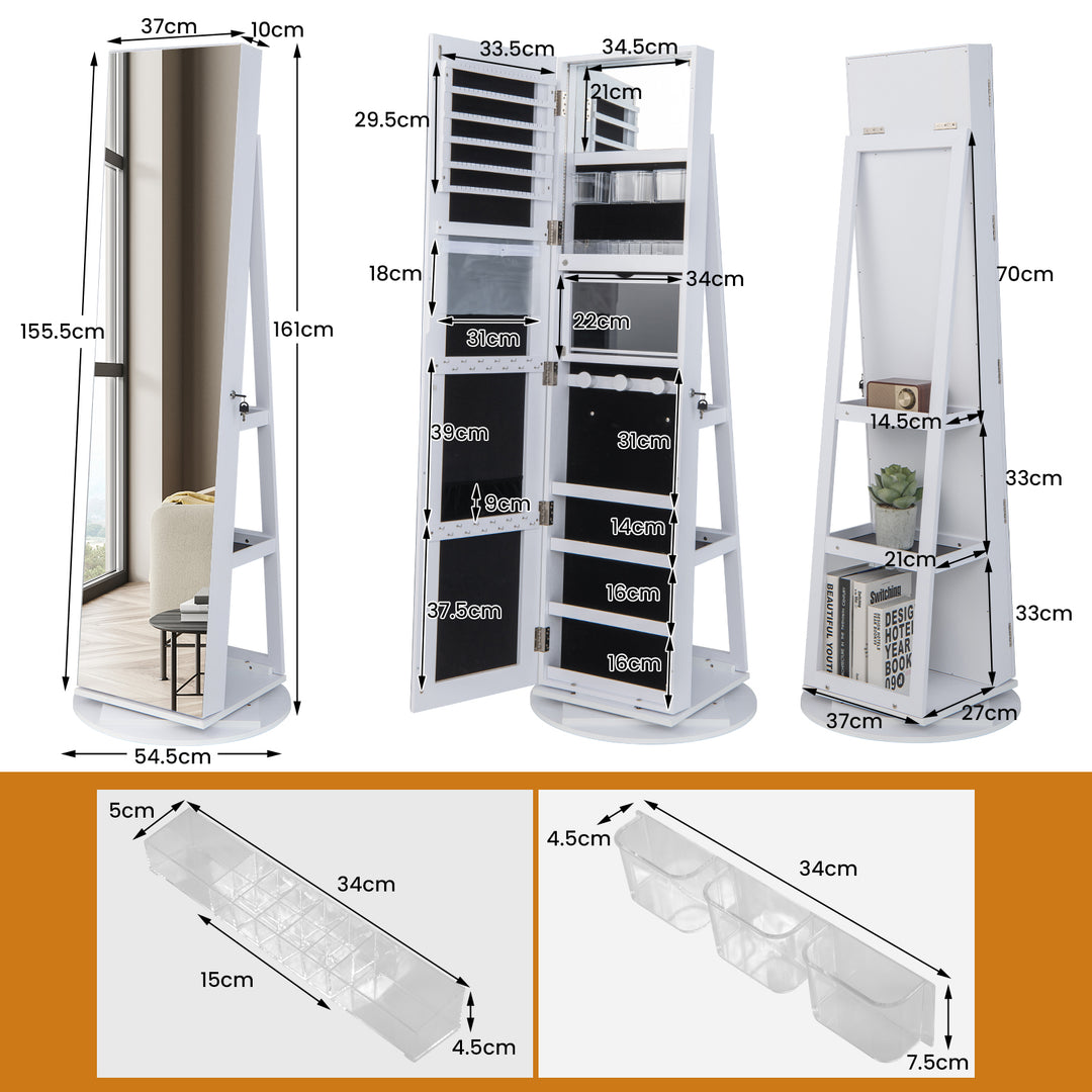 360-Degree Mirrored Jewelry Armoire with 3-Color Auto-on LED Lights-White