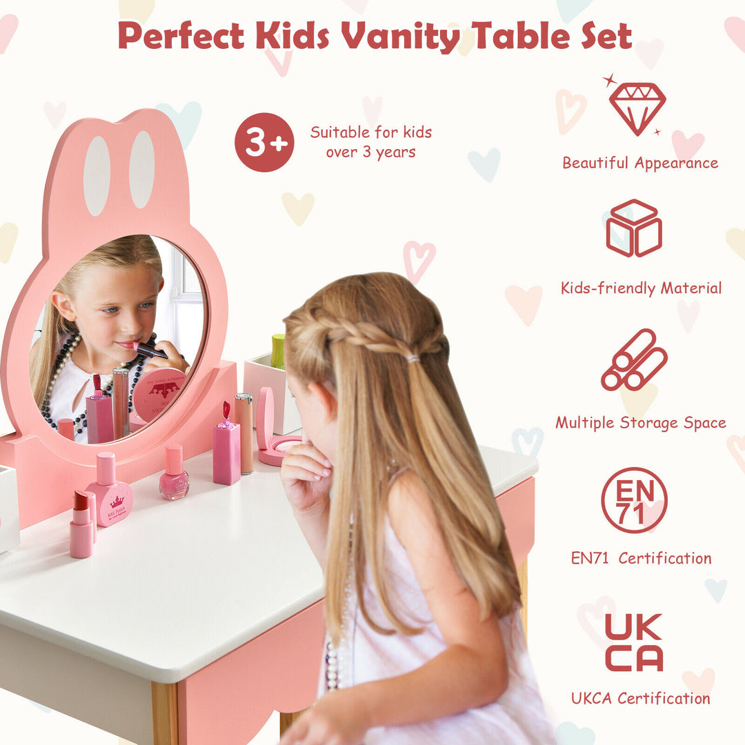 Kids Vanity Table and Chair Pretend Play with Mirror and Drawers-White