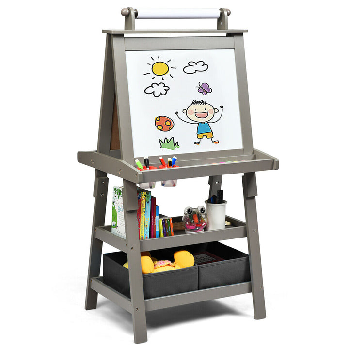 Children's Double-Sided Art Easel with Paper Roll-Grey