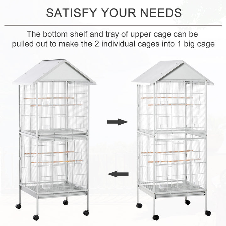 PawHut 170cm Metal Bird Cage Parrot Cage Mobile Feeder with Rolling Stand Perches Food Containers Doors Wheels White